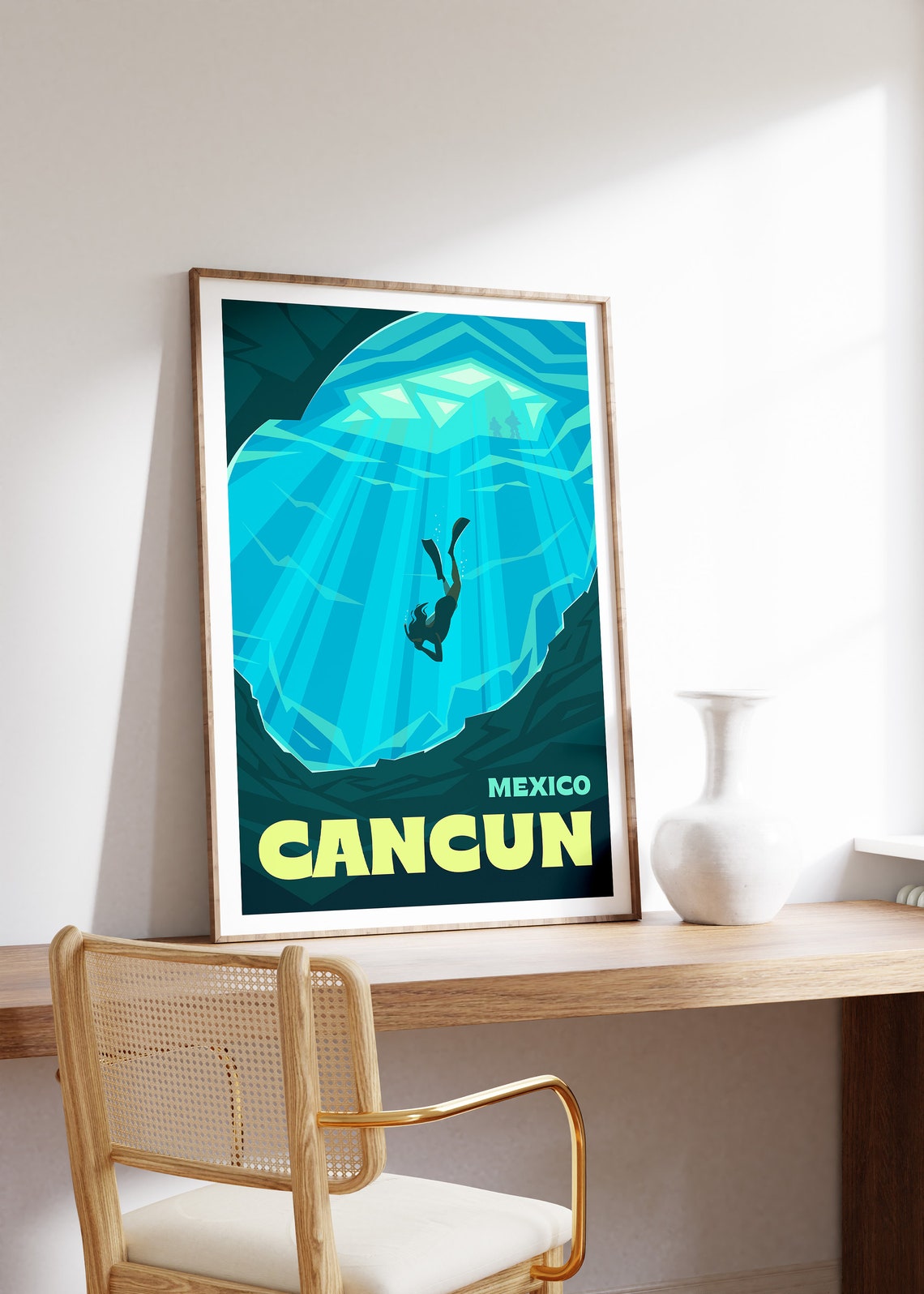 Cancun Mexico Cenote Diver Sunbeams Deep Underwater Art Poster - Image 5