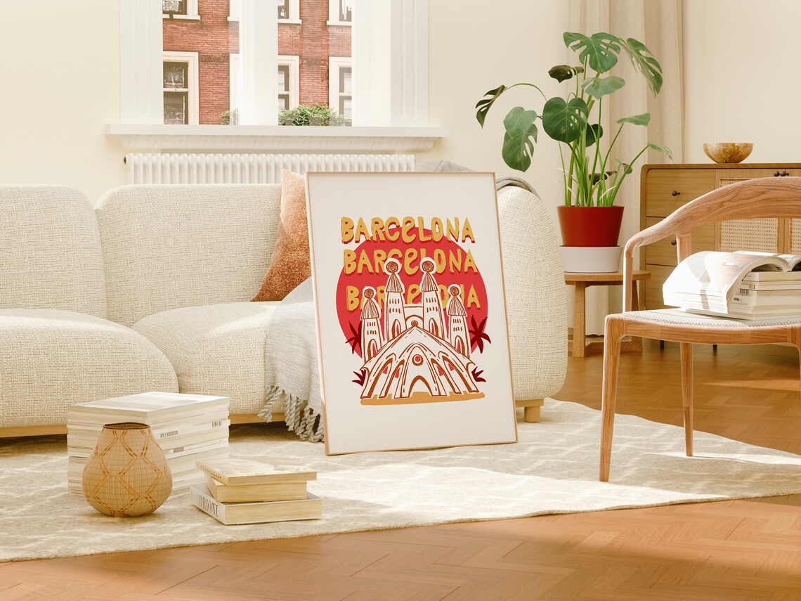 Barcelona Spain Gaudi Inspired Basilica Red Sun Travel Art Poster - Image 2