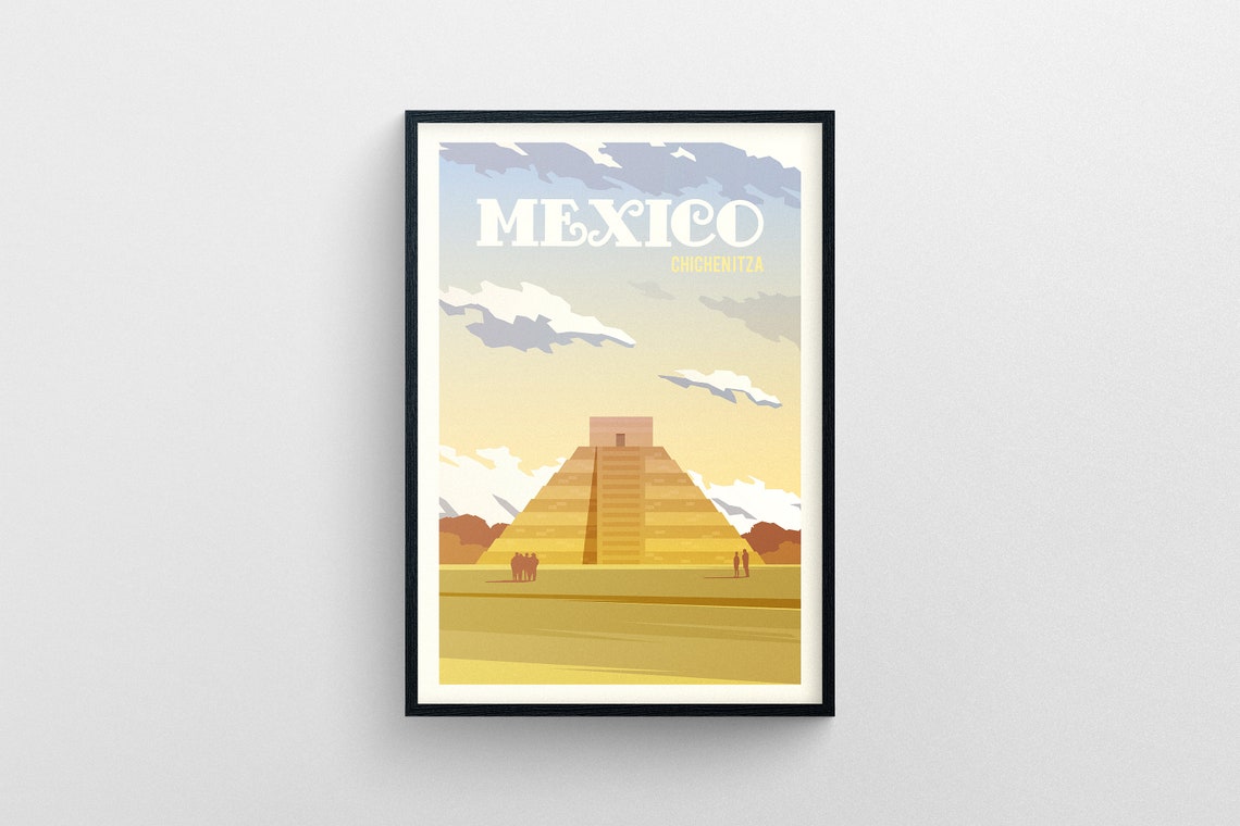 Mexico Chichen Itza Mayan Pyramid Vintage Style Travel Art Poster - Image 5