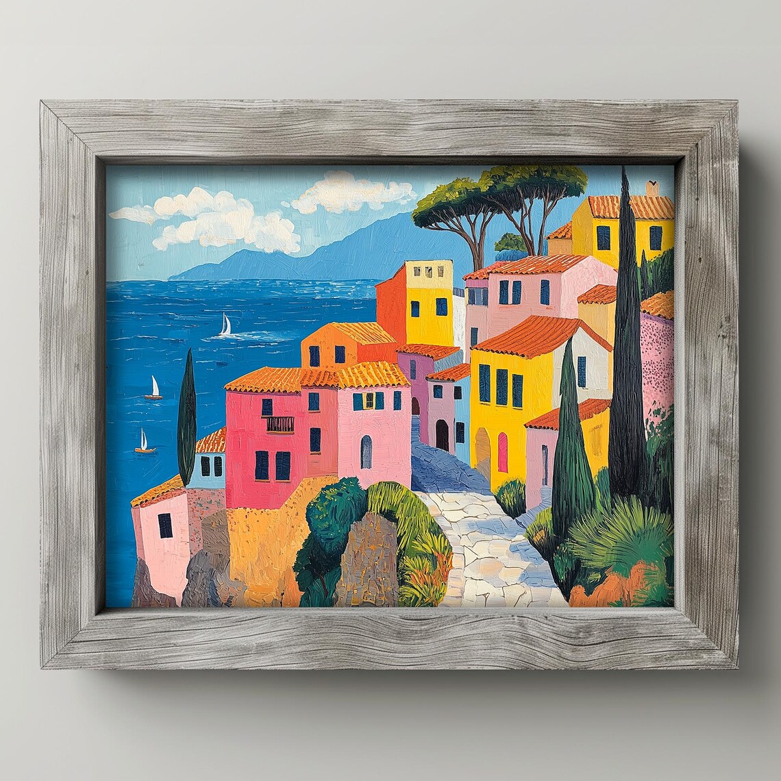 Colorful Cliffside Village Pink Houses Sailboats Coastal Art Poster