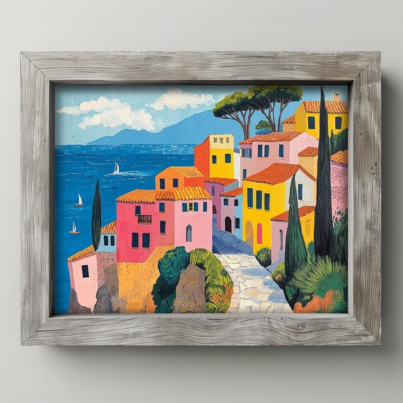 Colorful Cliffside Village Pink Houses Sailboats Coastal Art Poster