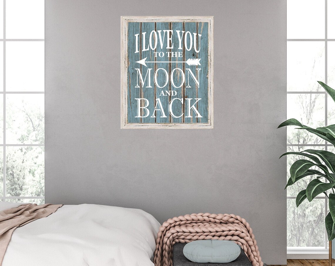 I Love You To The Moon And Back Teal Wood Sign Bedroom Poster