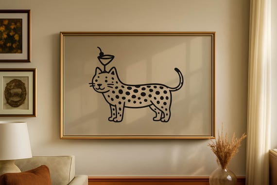 Leopard Cocktail Print Minimalist Hand Drawn Wall Art For Kitchen Or Bar Cart Decor Quirky Animal Lovers Preppy