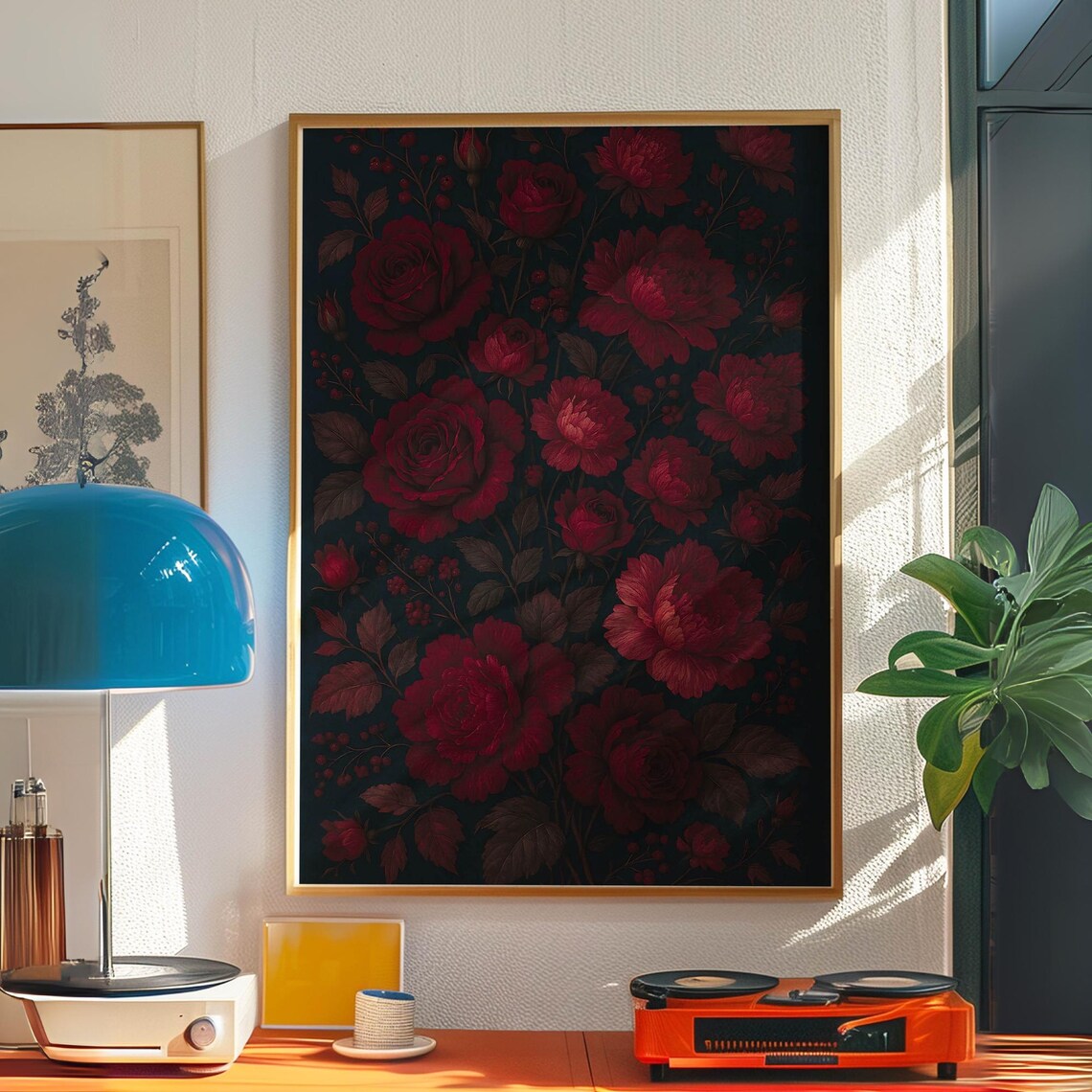 Deep Red Roses Dark Academia Moody Floral Botanical Art Poster