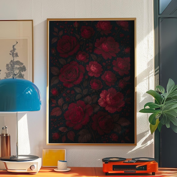 Deep Red Roses Dark Academia Moody Floral Botanical Art Poster