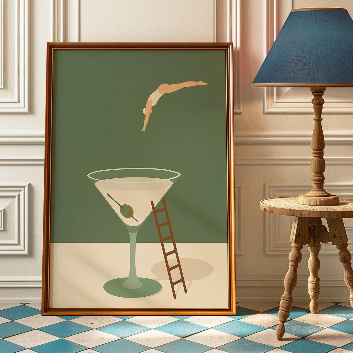 Dirty Cocktail Art Print, Sage Green Modern Bar Decor