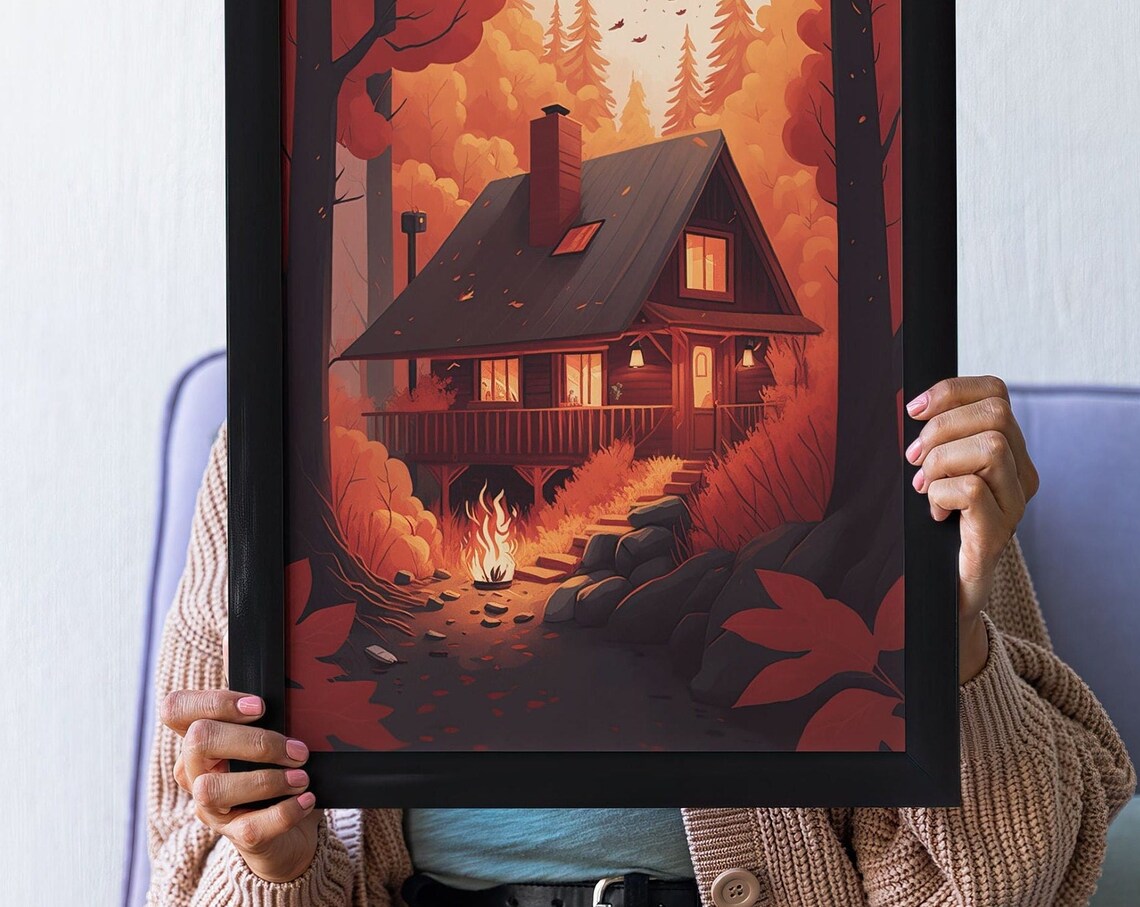 Cozy Autumn Cabin Poster with Campfire and Orange Forest Lofi Art - Image 2