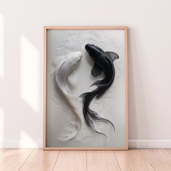 Yin Yang Koi Fish Art Print Minimalist Black White Wall Decor Symbolic Balance And Harmony