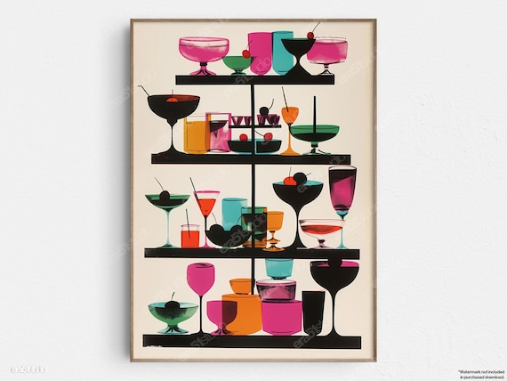 Colorful Cocktail Glasses Midcentury Bar Shelf Poster Decor Art
