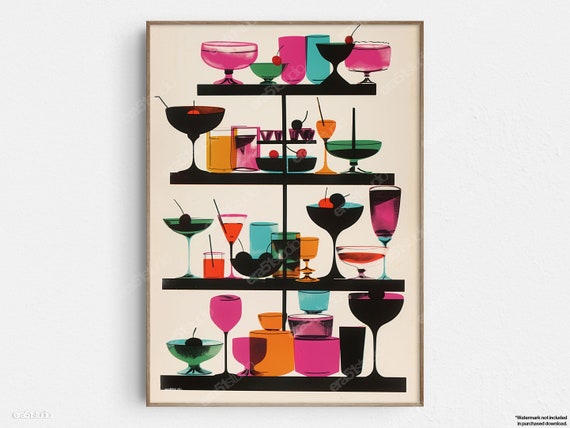 Colorful Cocktail Glasses Original Midcentury Modern Minimalist Wall Art
