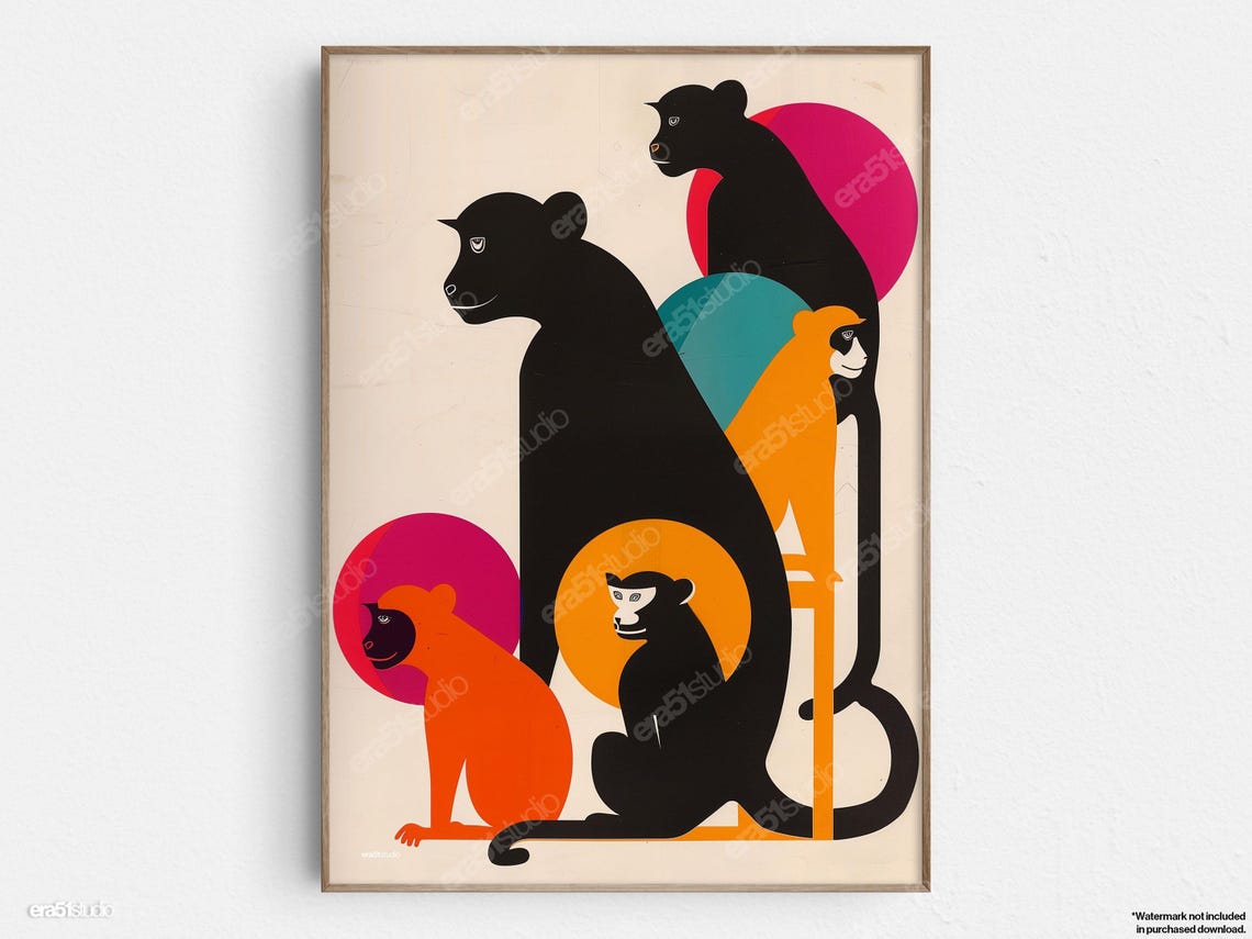 Geometric Monkeys Original Midcentury Modern Minimalist Wall Art