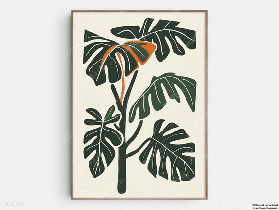 Retro Philodendron Botanical Art Original Midcentury Modern Minimalist Wall