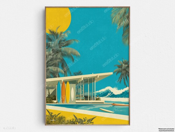 Retro Surf Beach House Pool Vintage California Surf Art Poster