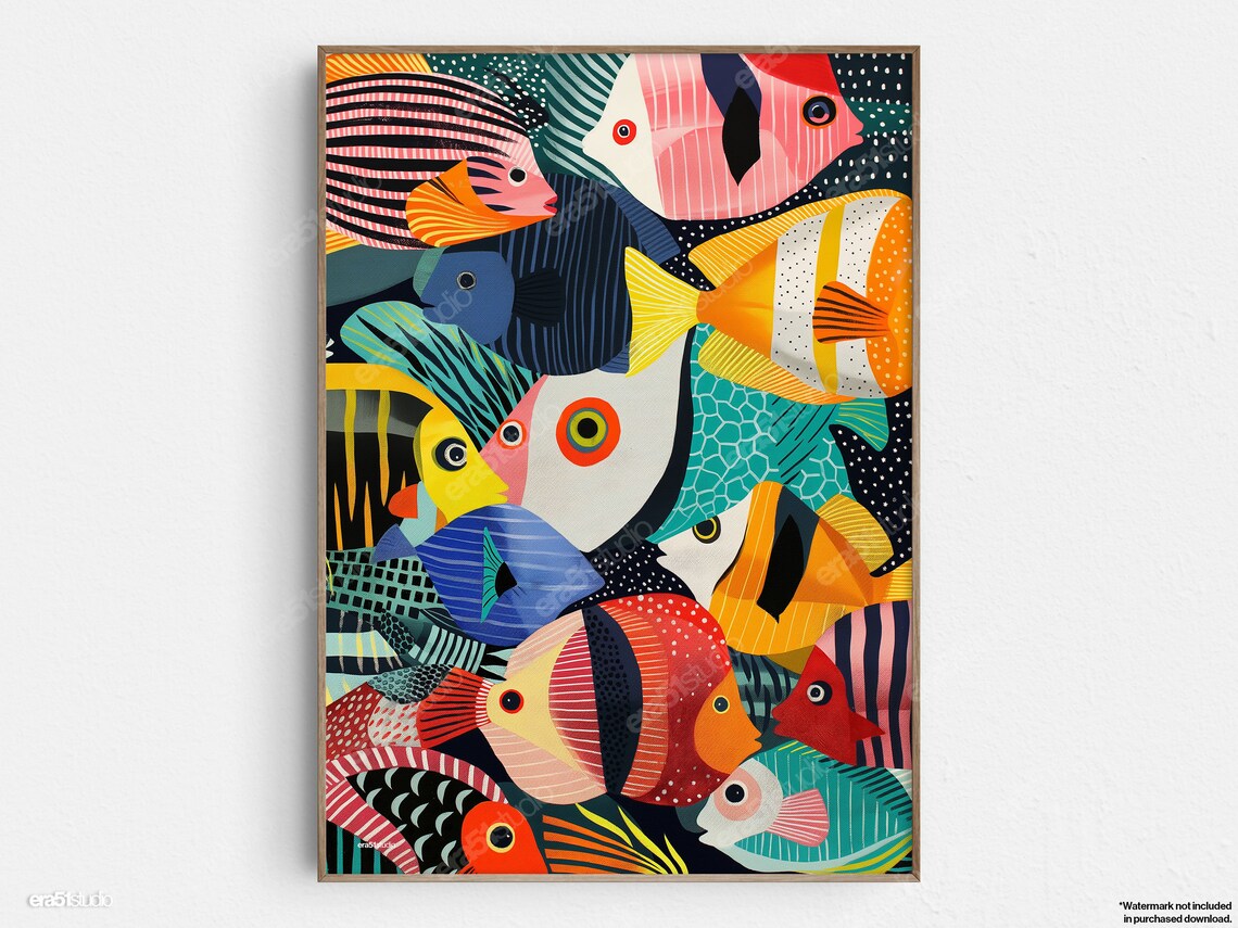 Ocean Tapestry Of Fish, Mid-Century Modern Art Print