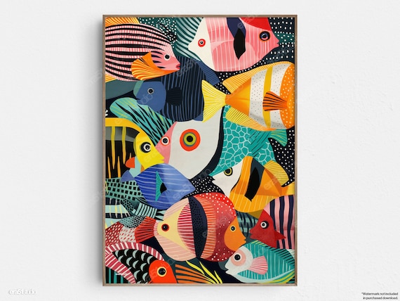 Ocean Tapestry Of Fish, Mid-Century Modern Art Print