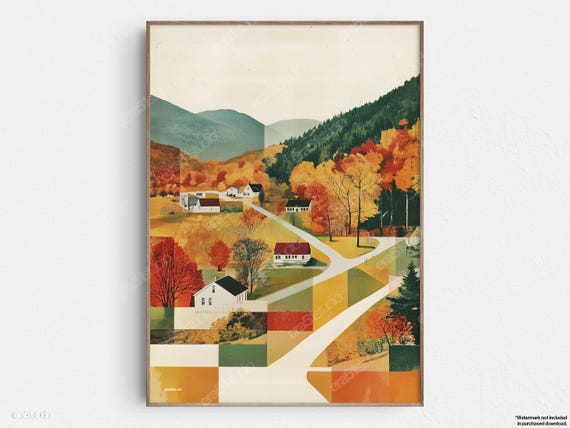 Autumn Country Village Original Midcentury Modern Minimalist Wall Art