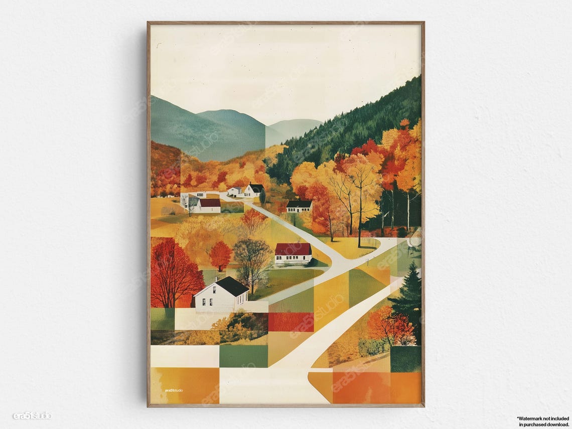 Autumn Country Village Original Midcentury Modern Minimalist Wall Art