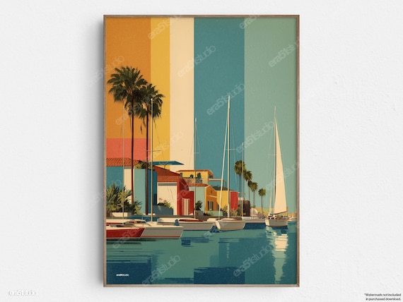 Retro Marina Sailboats Palms Color Block Vintage Sailing Art Poster