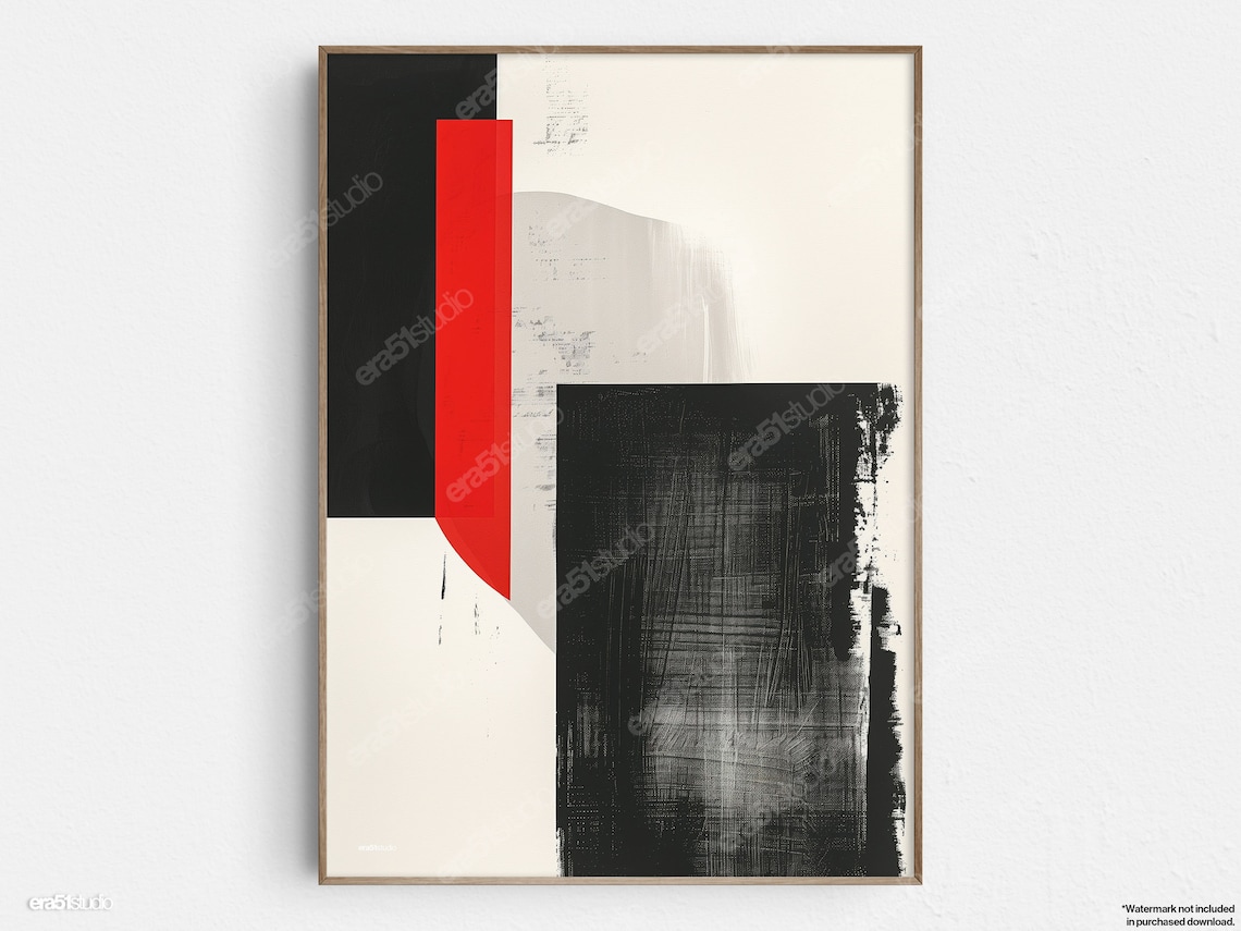 Red Bar Abstract Minimalist Black and Cream Modern Geometric Poster