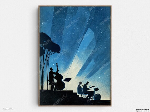 Jazz Band Silhouette Starry Night Stage Lights Music Art Poster
