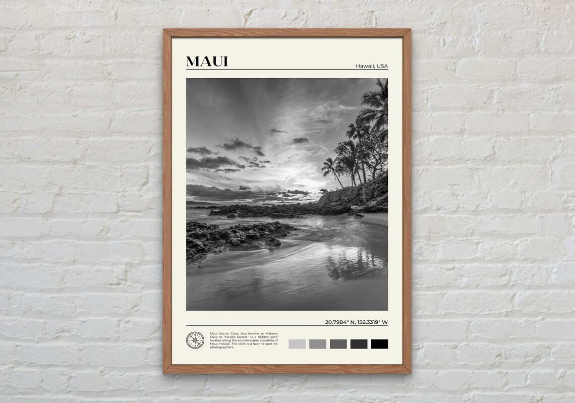 Black And White Maui Travel Poster, Hawaii Wall Art