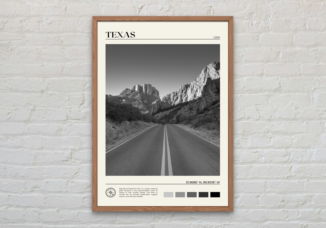 Texas Black and White Travel Poster, Wall Art Print