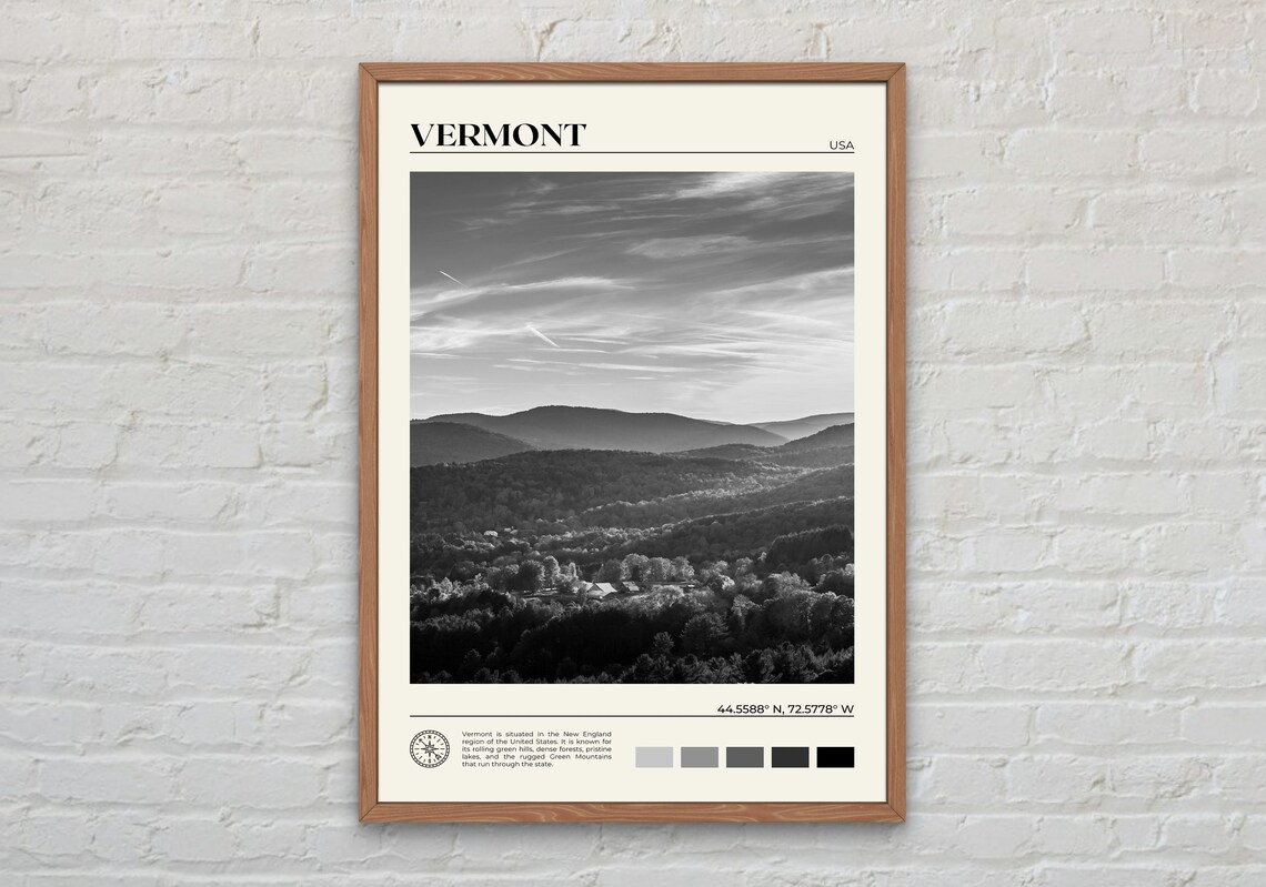 Vermont Black and White Travel Poster, Wall Art Print