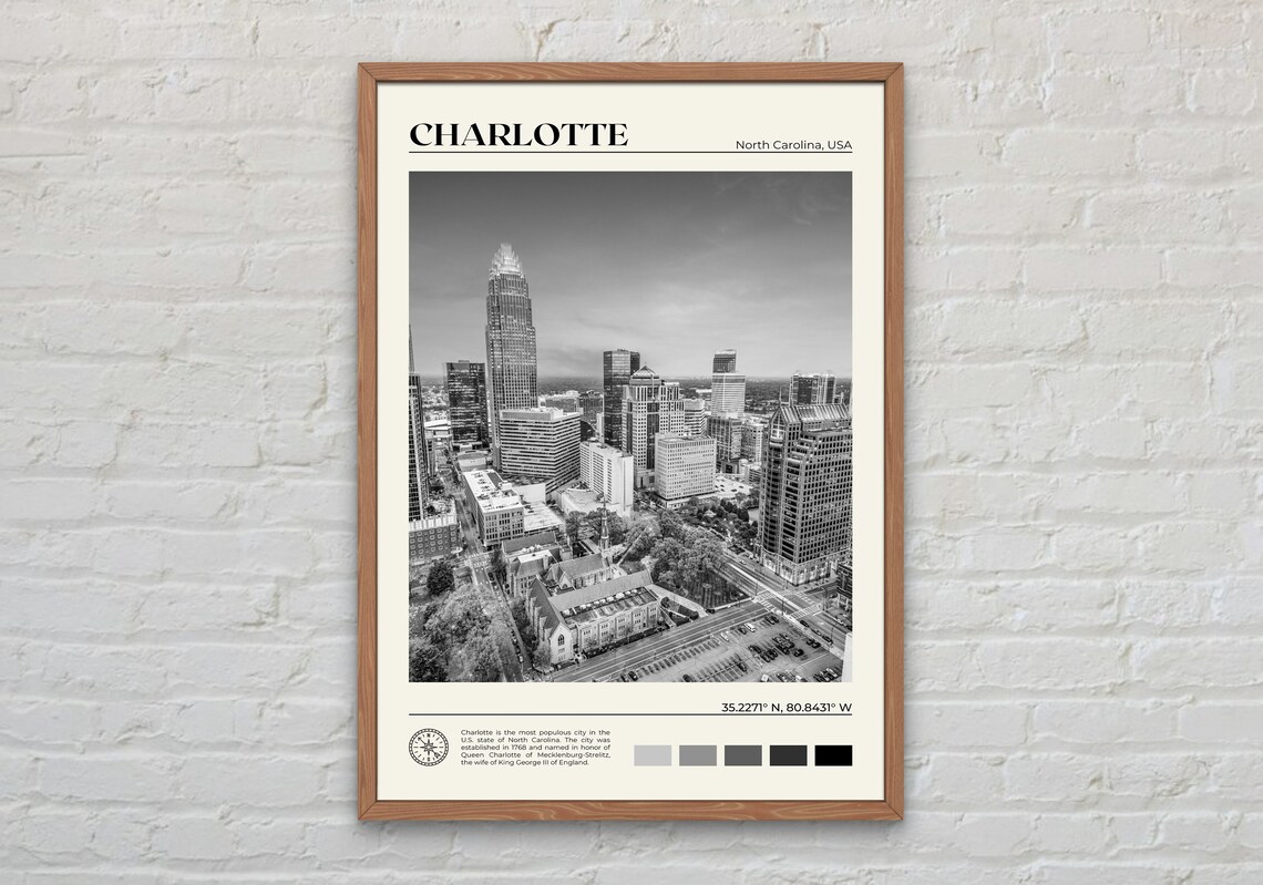 Charlotte Black and White Poster Print, North Carolina