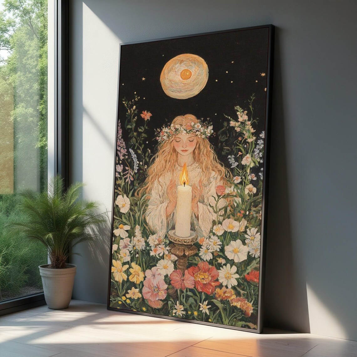 Ethereal Girl With Candle Floral Crown Art Print