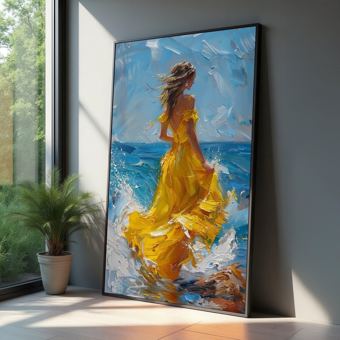 Woman In Yellow Dress By The Sea, Coastal Art Print