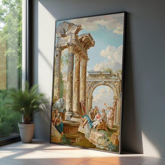 Ancient Roman Ruins Canvas Wall Art Classical Architecture Historical Scene Decor Fountain And Figures Artwork Vintage Home Decoration