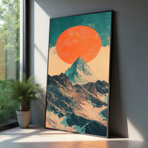 Retro Mountain Sunset Canvas Wall Art Vintage Style Landscape Print Bold Orange Sun Artwork Nature Scenic Decoration