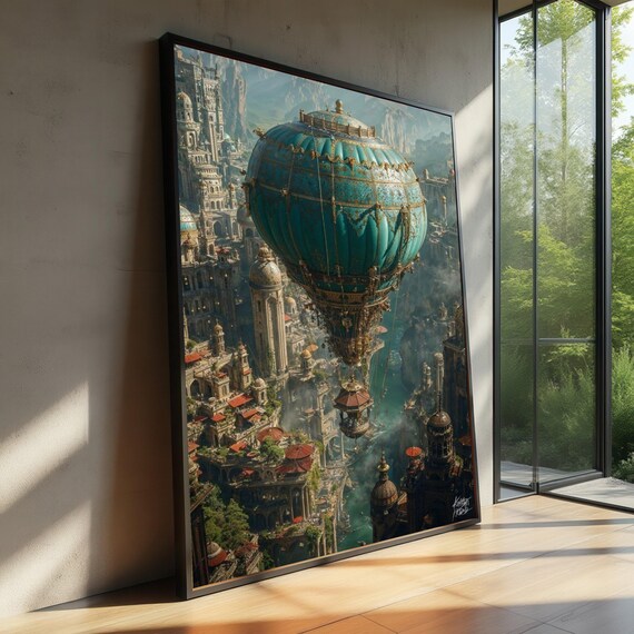 Vintage Hot Air Balloon Canvas Fantasy Cityscape Wall Art Steampunk Airship Decor Detailed Illustration Home Decoration