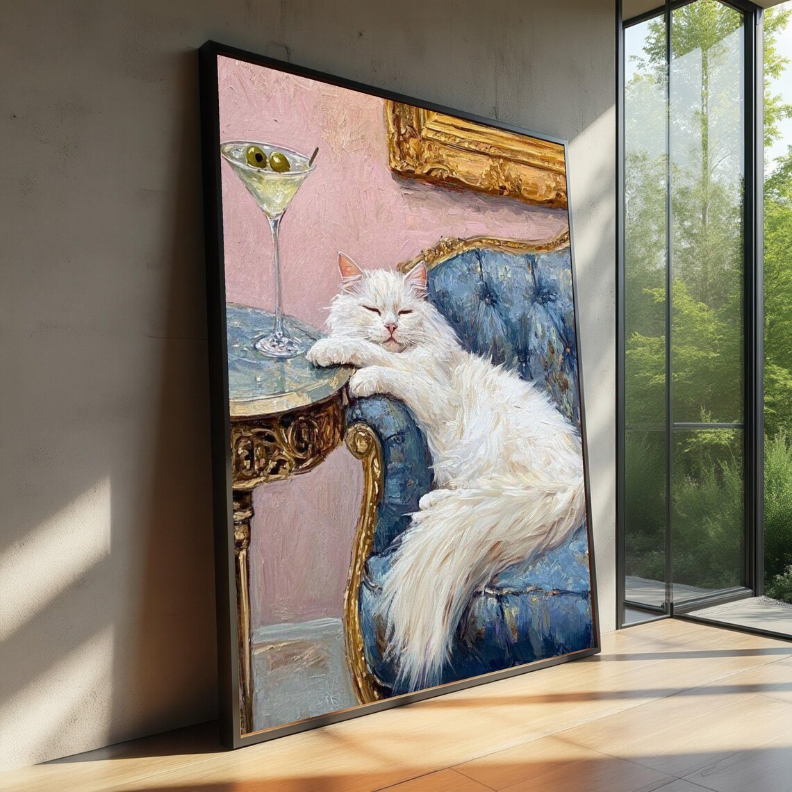 Elegant White Cat Vintage Blue Velvet Sofa Martini Painting Poster