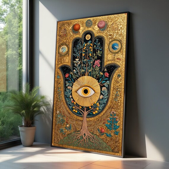 Ornate Gold Hamsa Hand Evil Eye Spiritual Bohemian Mystic Art Poster