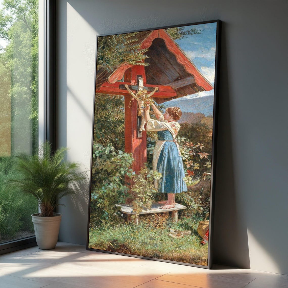 Girl Decorating Wayside Crucifix Shrine Rustic Religious Poster