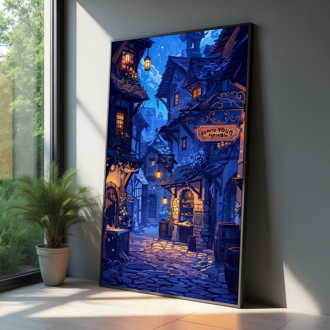 Medieval Village Street Night Glowing Lanterns Moonlit Wall Art