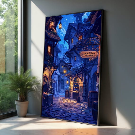 Cozy Medieval Village Street Nighttime Lanterns Canvas Old Town Fantasy Wall Art Quaint Stone Houses Artwork Rustic Home Decoration