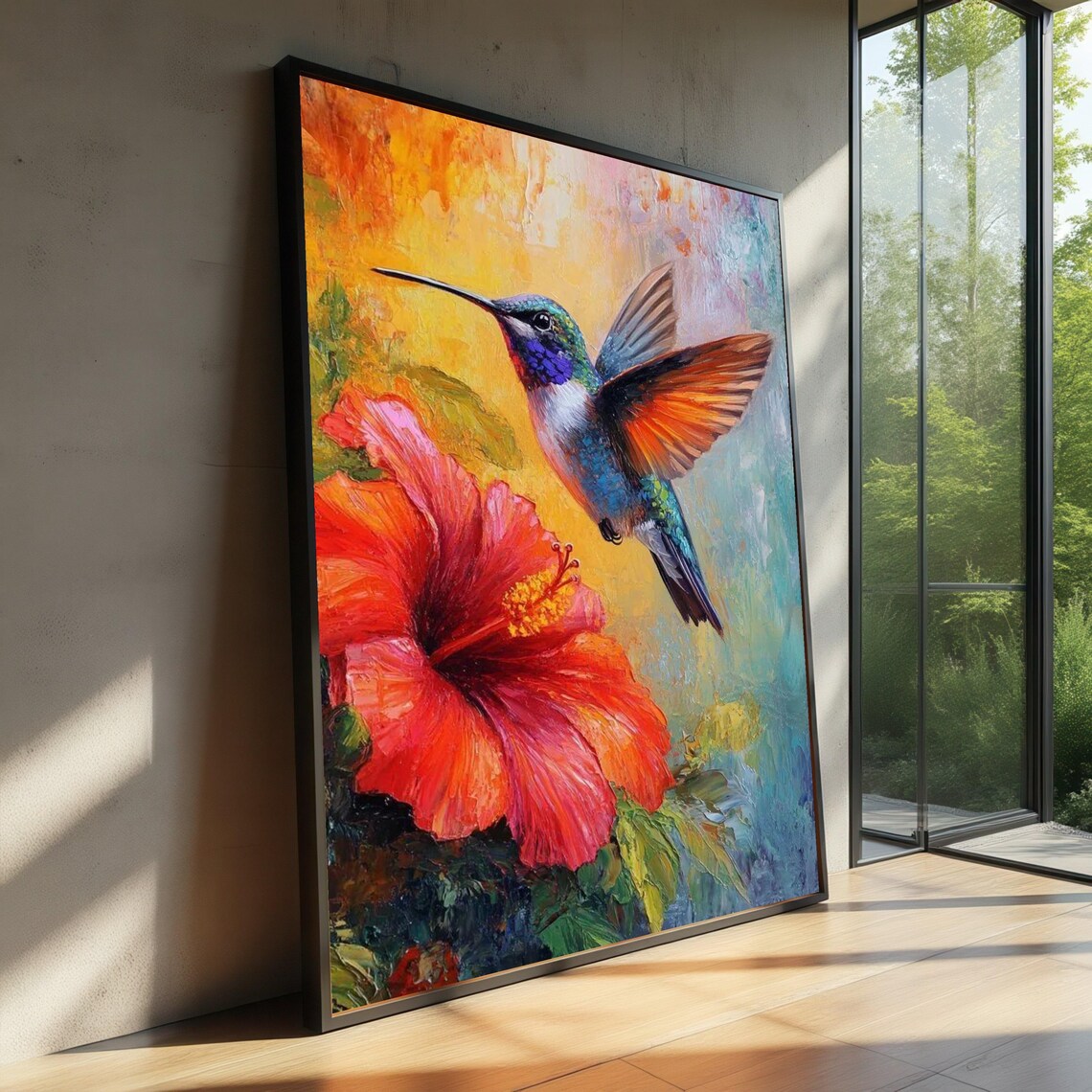 Hummingbird Hovering Over Hibiscus Bloom Warm Golden Tropical Art Poster