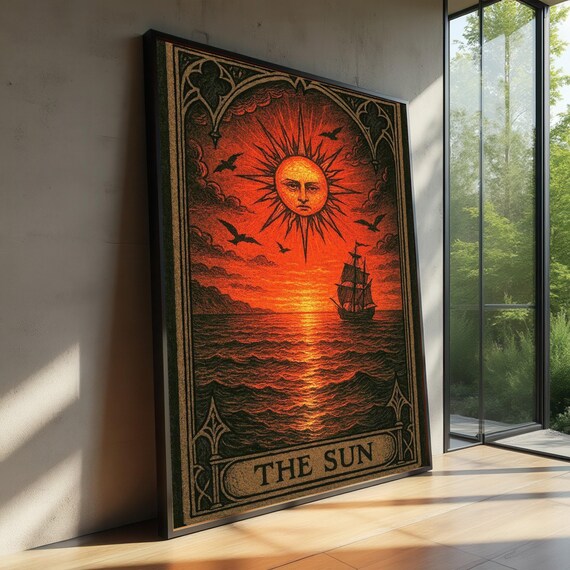 The Sun Tarot Canvas Wall Art Vintage Occult Illustration Mystical Sunset Ocean Scene Gothic Home Dcor Spiritual Print