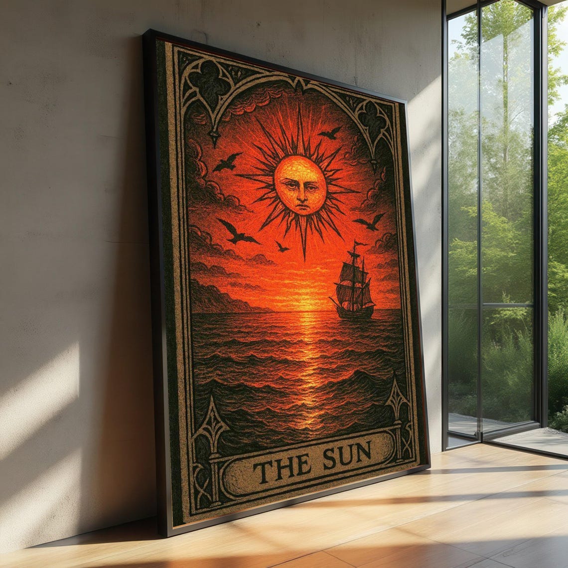 The Sun Tarot Card Vintage Occult Ship Sunset Mystical Poster