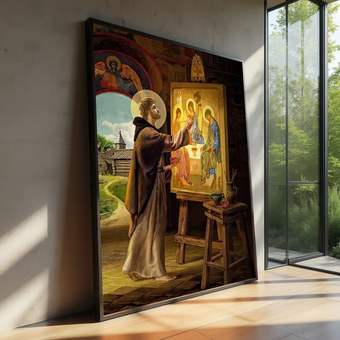Monk Painting Holy Trinity Icon On Easel Orthodox Art Poster