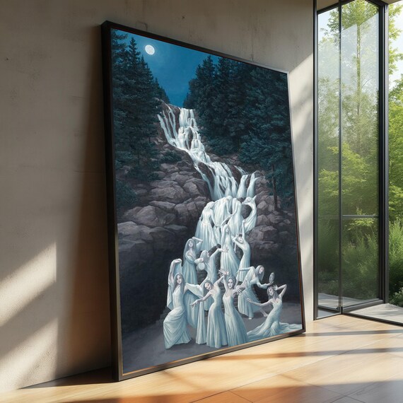 Mystic Waterfall Canvas Dancing Women Art Surreal Nature Scene Moonlit Forest Fantasy Wall Decor Elegant Home Decoration