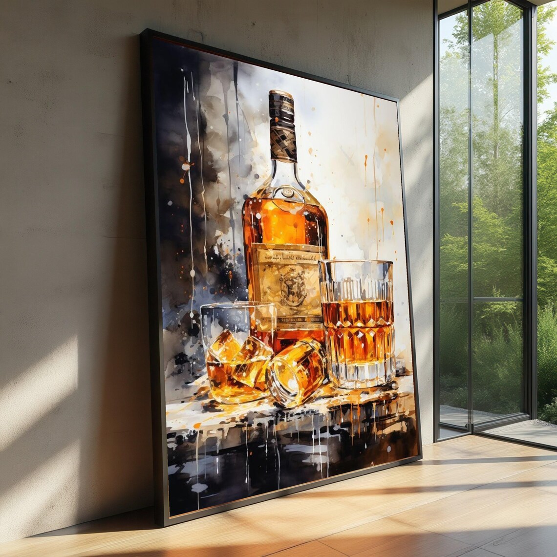 Whiskey Bottle And Glasses, Vintage Liquor Illustration