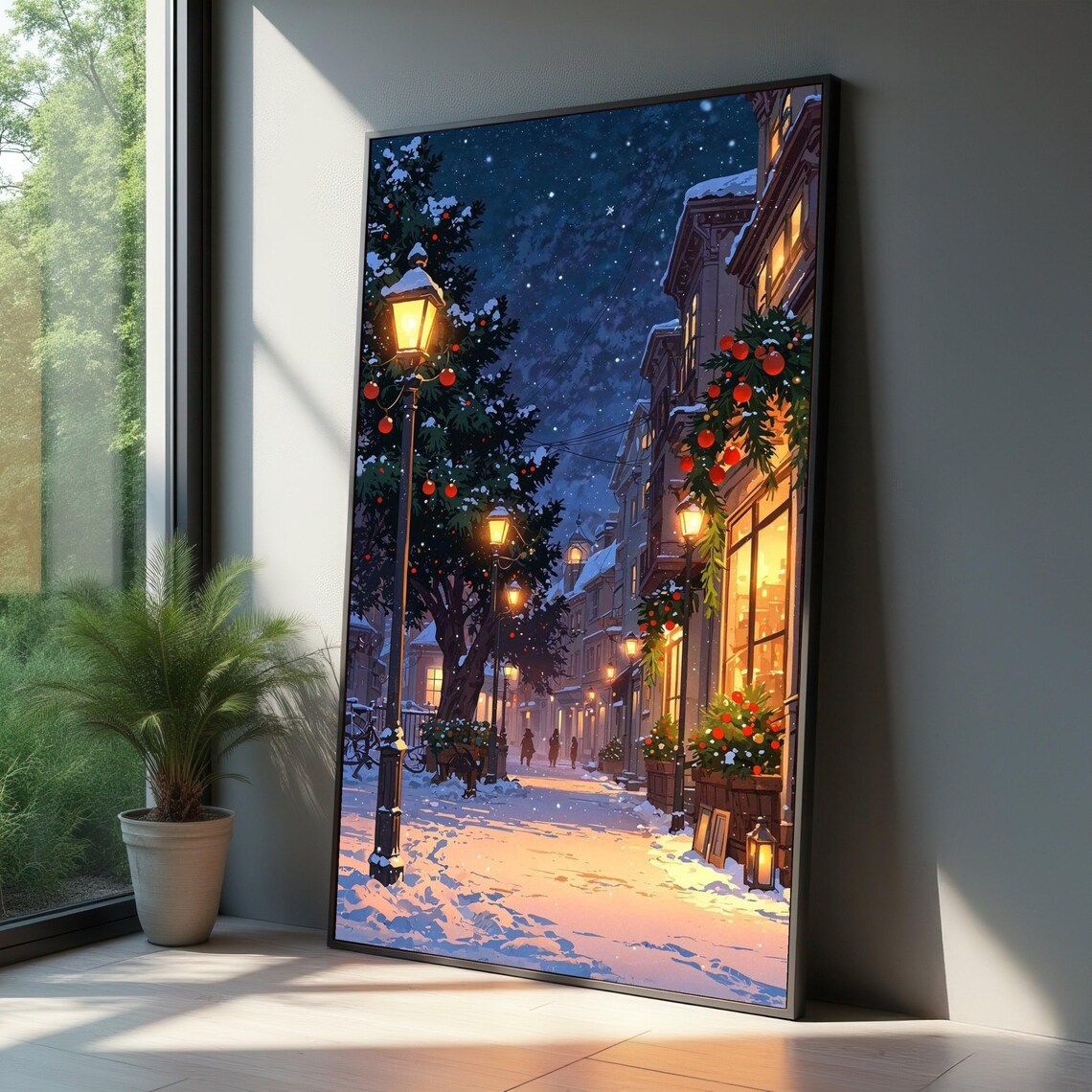 Cozy Winter Night Street Snowy Village Holiday Lights Poster