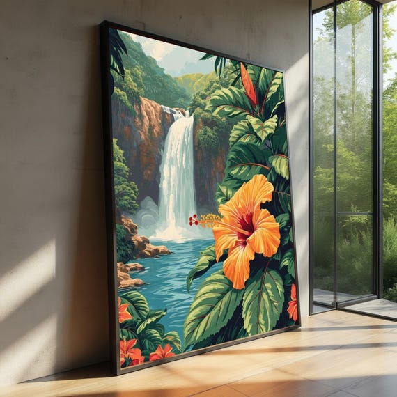 Tropical Waterfall Canvas Wall Art Hibiscus Flower And Lush Greenery Nature Landscape Exotic Botanical Decor Ready To Hang