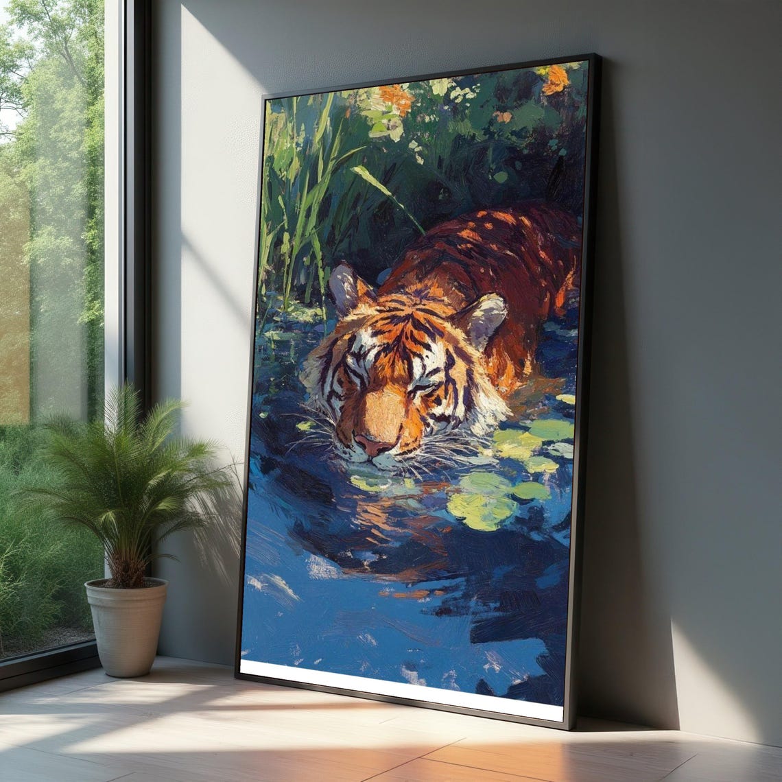 Resting Bengal Tiger Swimming Water Impressionist Wildlife Art Poster