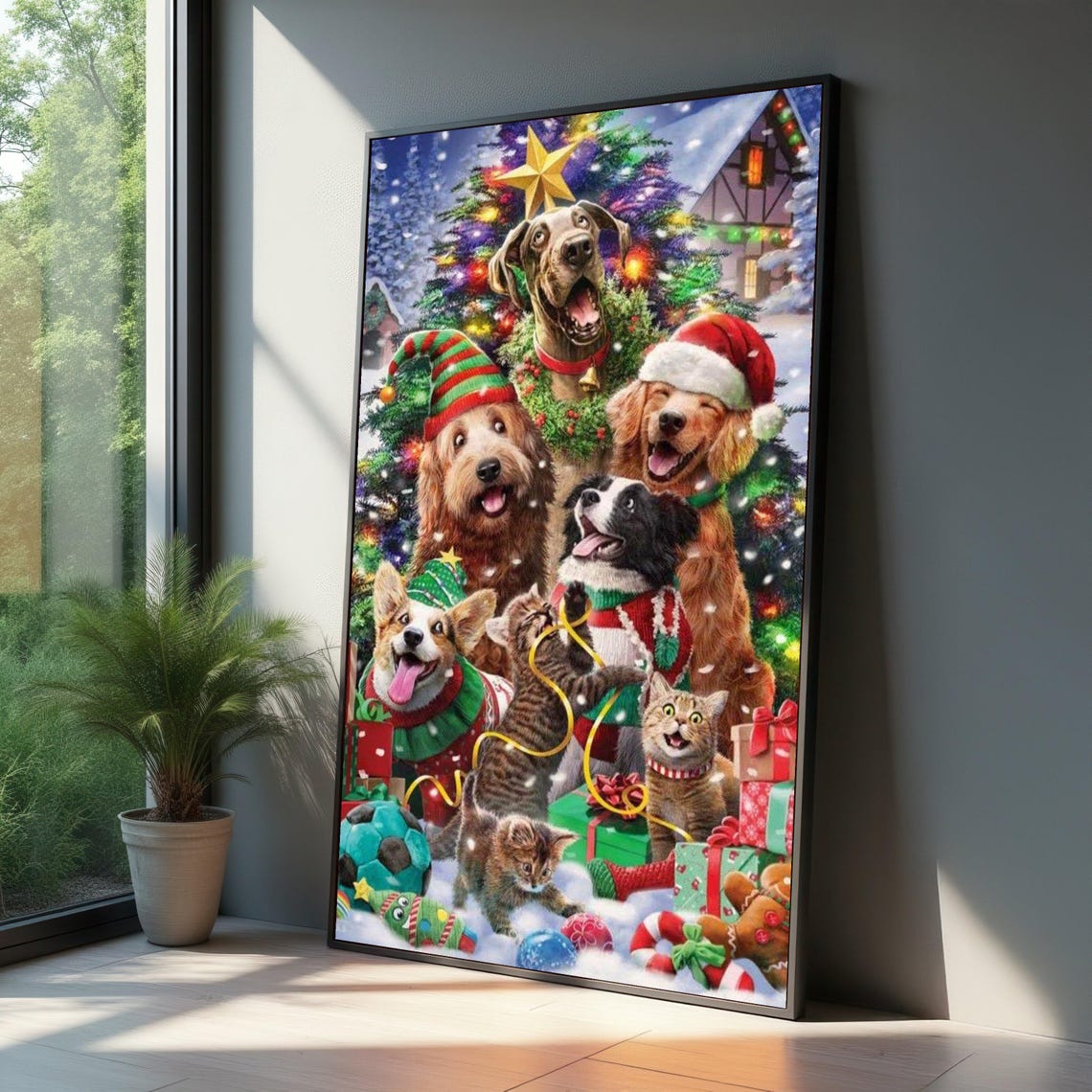 Festive Dogs And Cats Christmas Tree Holiday Pets Wall Poster