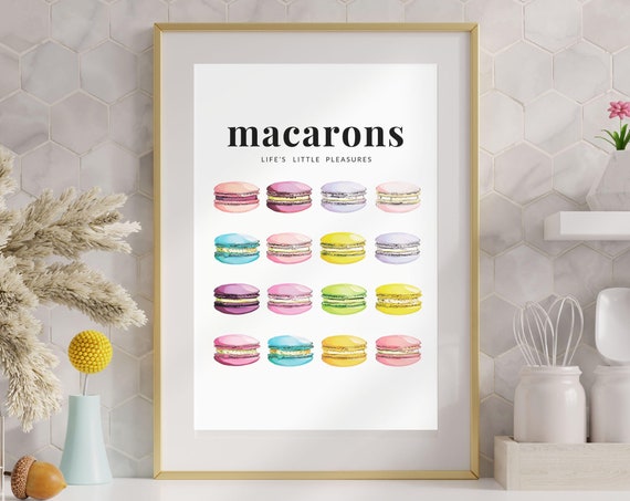 Whimsical Macarons Wall Art With Lifes Little Pleasures Quote Colorful Dessert Art Print Watercolor Macarons