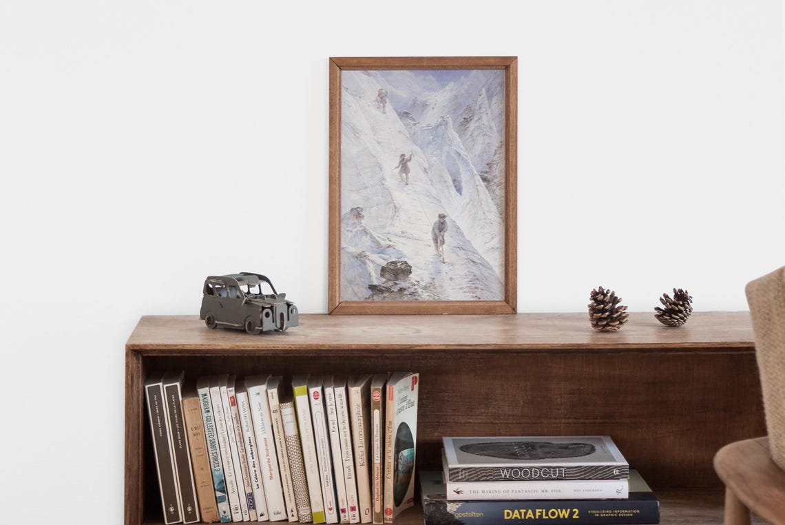 Vintage Winter Mountain Scene Snowy Mountain Landscape Painting Rustic Winter Decor For Home Cabin Wall Art - Image 2